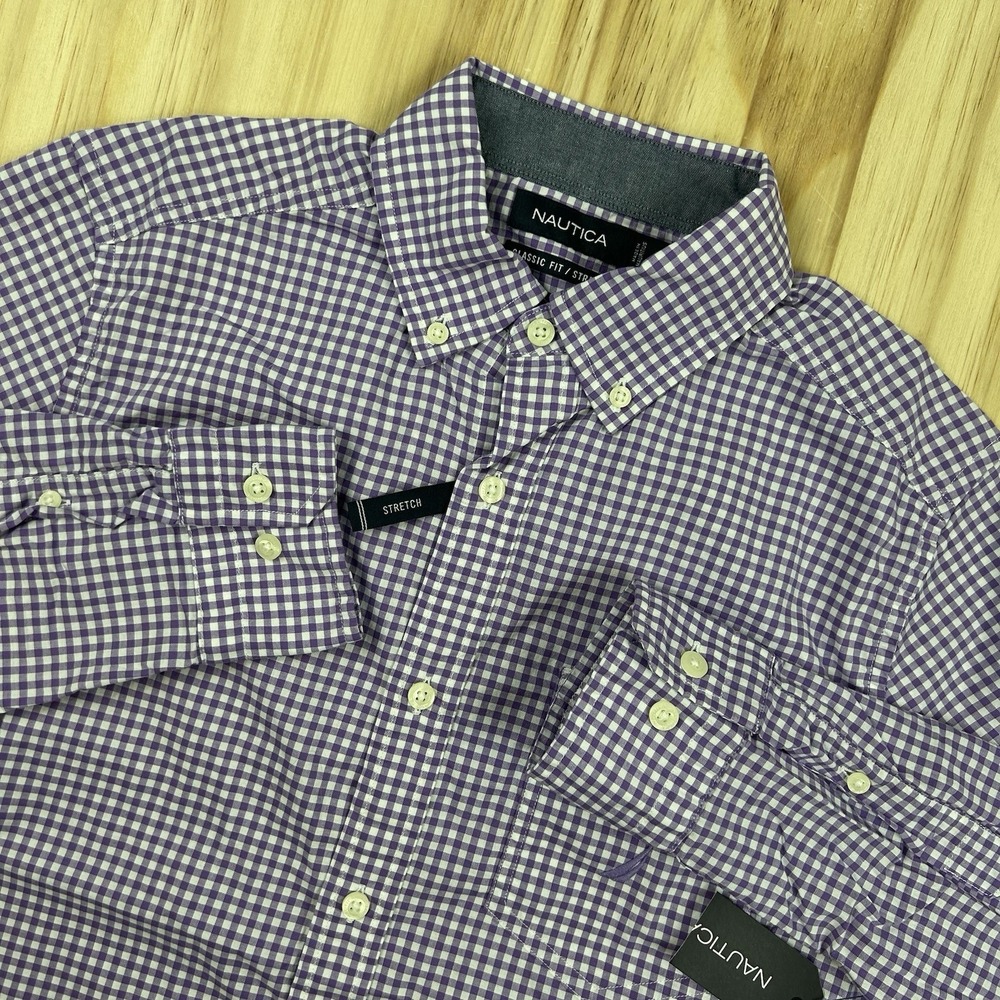Nautica Mens NEW XS Purple White Gingham Plaid Button Up Shirt Classic Fit